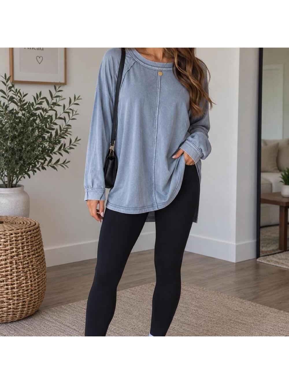 💙 Easel Washed Blue Oversized Long Sleeve Top | Size Small
